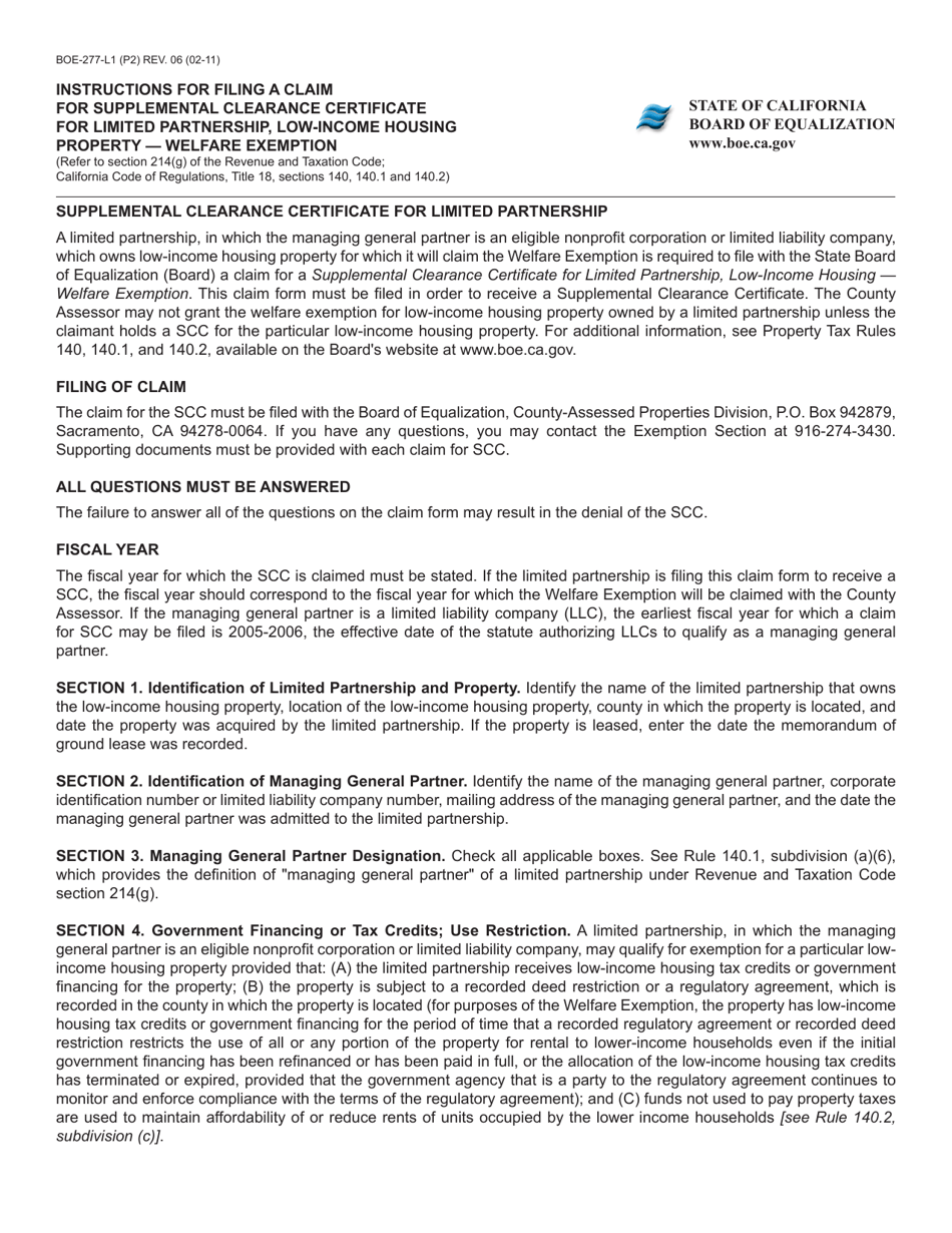 Form BOE-277-L1 Claim for Supplemental Clearance Certificate for Limited Partnership, Low-Income Housing Property - Welfare Exemption - California, Page 2