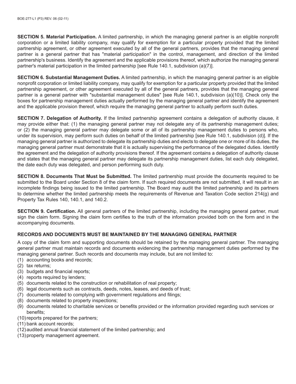 Form BOE-277-L1 Claim for Supplemental Clearance Certificate for Limited Partnership, Low-Income Housing Property - Welfare Exemption - California, Page 3