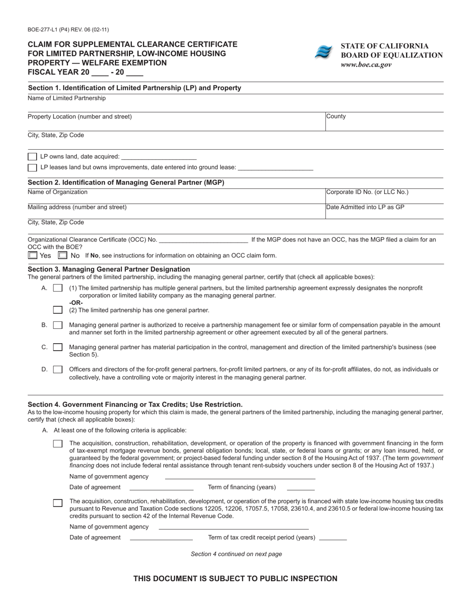 Form BOE-277-L1 Claim for Supplemental Clearance Certificate for Limited Partnership, Low-Income Housing Property - Welfare Exemption - California, Page 4