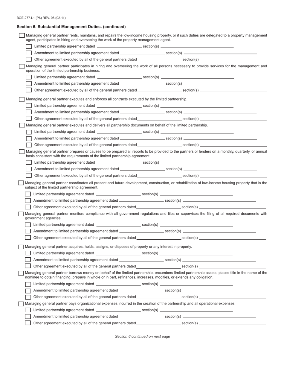 Form BOE-277-L1 Claim for Supplemental Clearance Certificate for Limited Partnership, Low-Income Housing Property - Welfare Exemption - California, Page 6