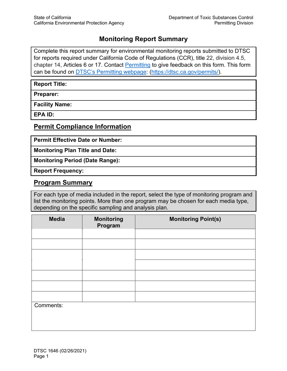 DTSC Form 1646 Monitoring Report Summary Form - California, Page 1