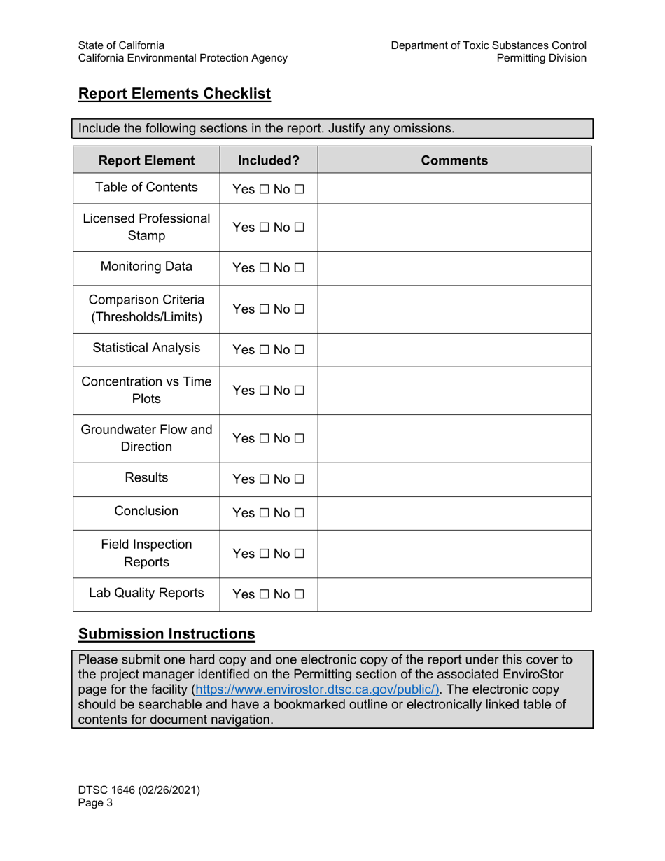 DTSC Form 1646 Monitoring Report Summary Form - California, Page 3