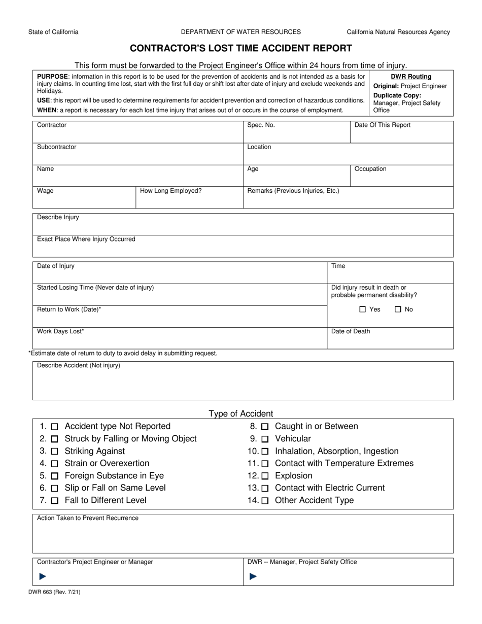 Form DWR663 Contractors Lost Time Accident Report - California, Page 1