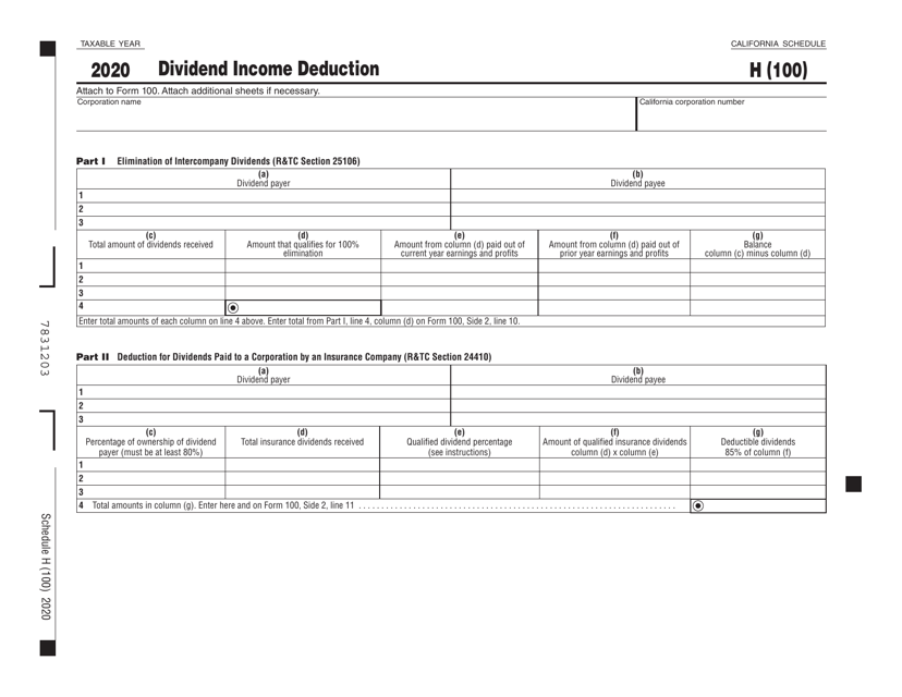 Form 100 Schedule H 2020 Printable Pdf