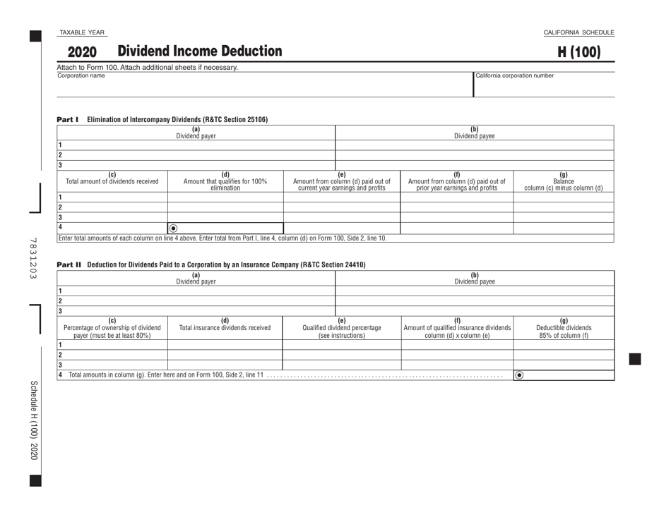 Form 100 Schedule H Dividend Income Deduction - California, Page 1