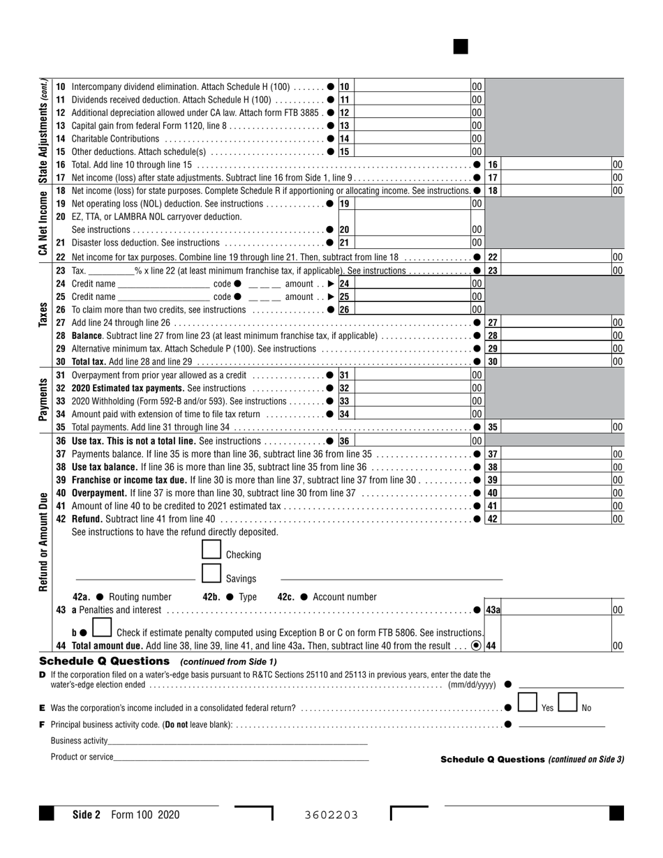 Form 100 California Corporation Franchise or Income Tax Return - California, Page 2