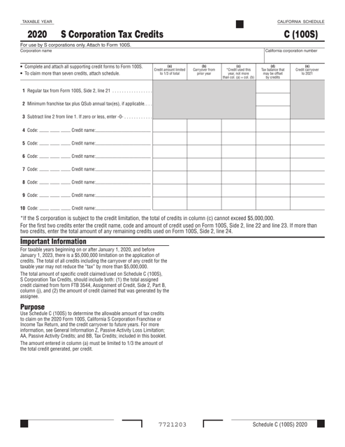 Form 100S Schedule C S Corporation Tax Credits - California, 2020