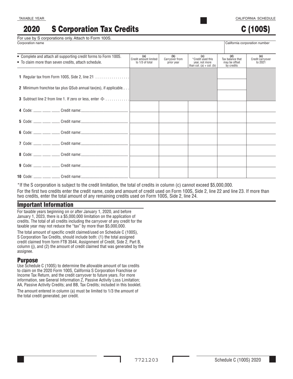 Form 100S Schedule C Download Fillable PDF or Fill Online S Corporation Tax Credits 2020