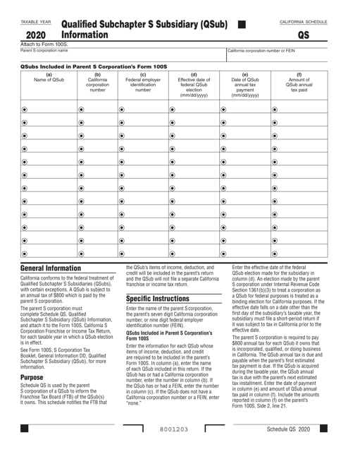 Form 100S Schedule QS Qualified Subchapter S Subsidiary (Qsub) Information - California, 2020