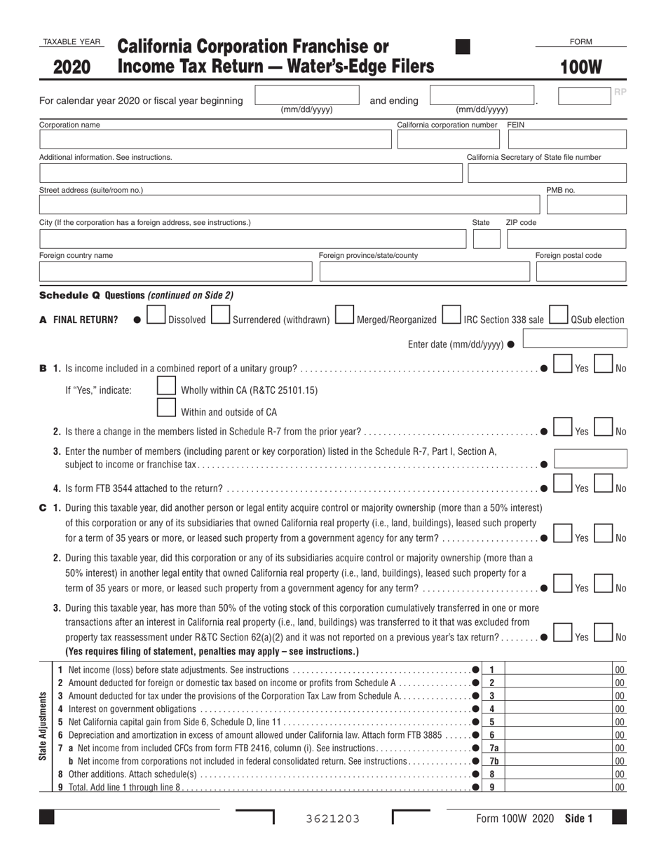 Form 100W California Corporation Franchise or Income Tax Return - Waters-Edge Filers - California, Page 1