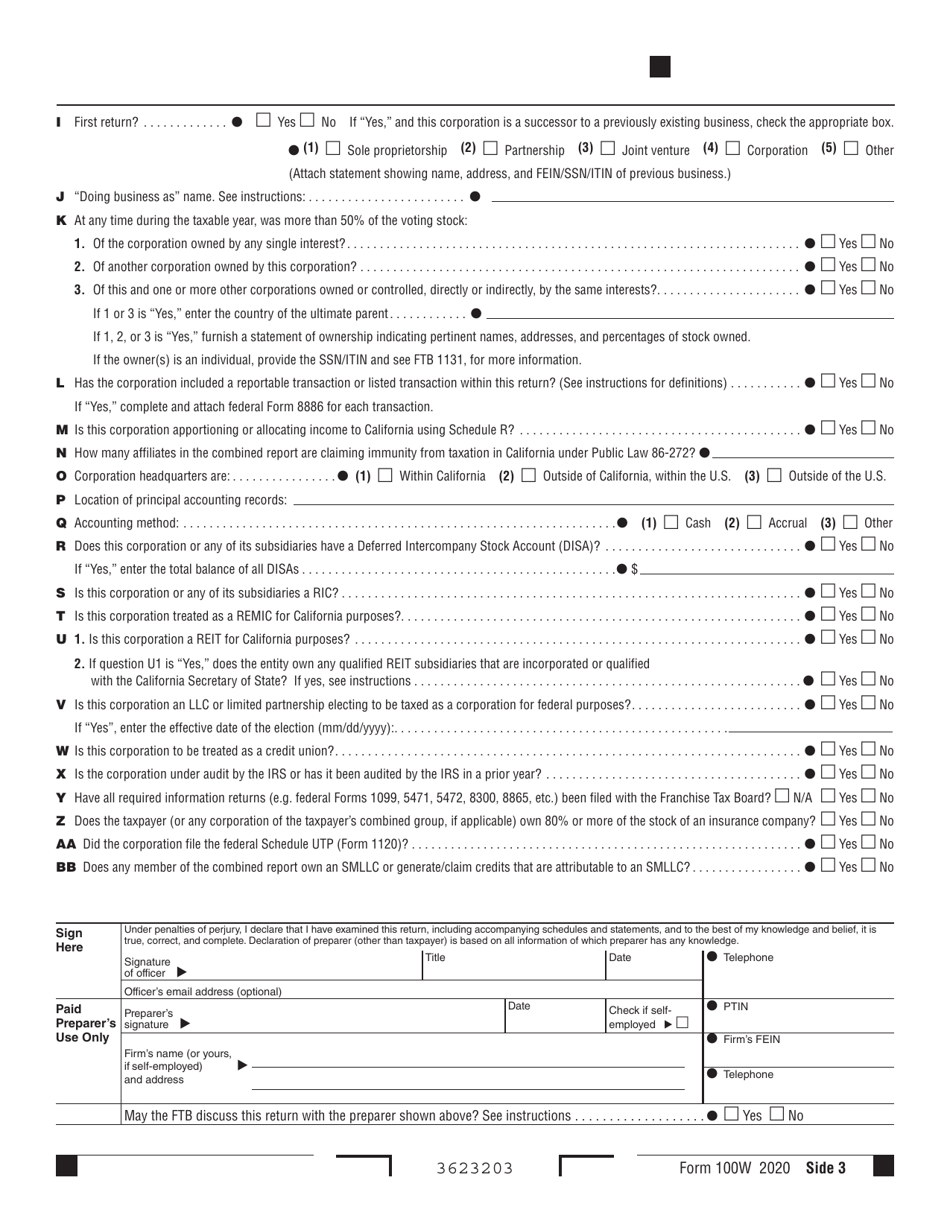 Form 100W California Corporation Franchise or Income Tax Return - Waters-Edge Filers - California, Page 3
