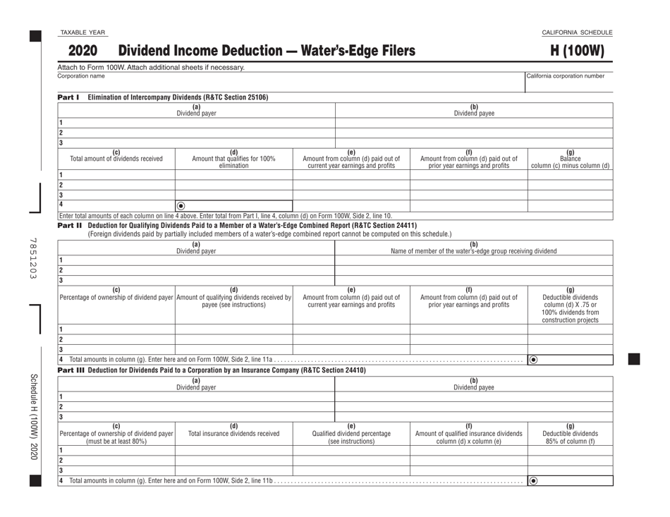 Form 100W Schedule H Dividend Income Deduction - Waters-Edge Filers - California, Page 1