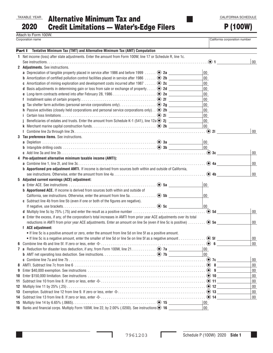 Form 100W Schedule P Alternative Minimum Tax and Credit Limitations - Waters-Edge Filers - California, Page 1