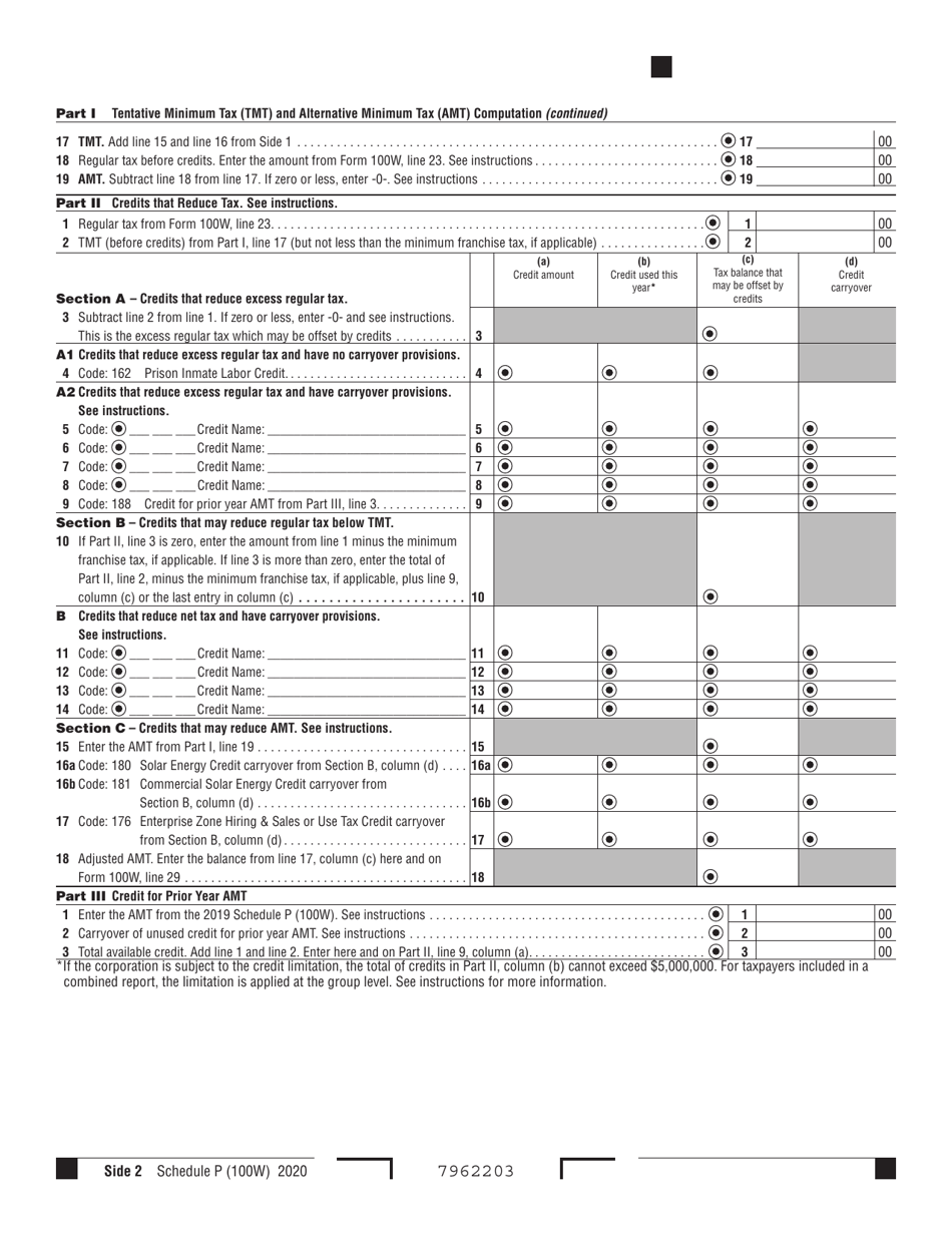 Form 100W Schedule P Alternative Minimum Tax and Credit Limitations - Waters-Edge Filers - California, Page 2