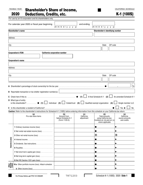 Form 100S Schedule K-1 2020 Printable Pdf