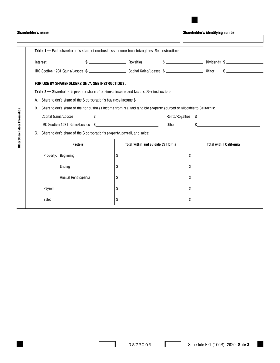 Form 100S Schedule K-1 Shareholders Share of Income, Deductions, Credits, Etc. - California, Page 3