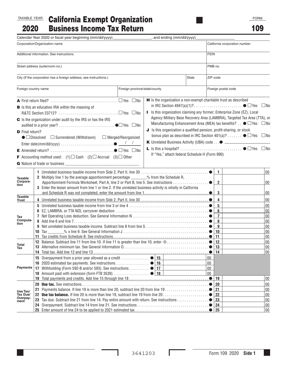 Form 109 Exempt Organization Business Income Tax Return - California, Page 1