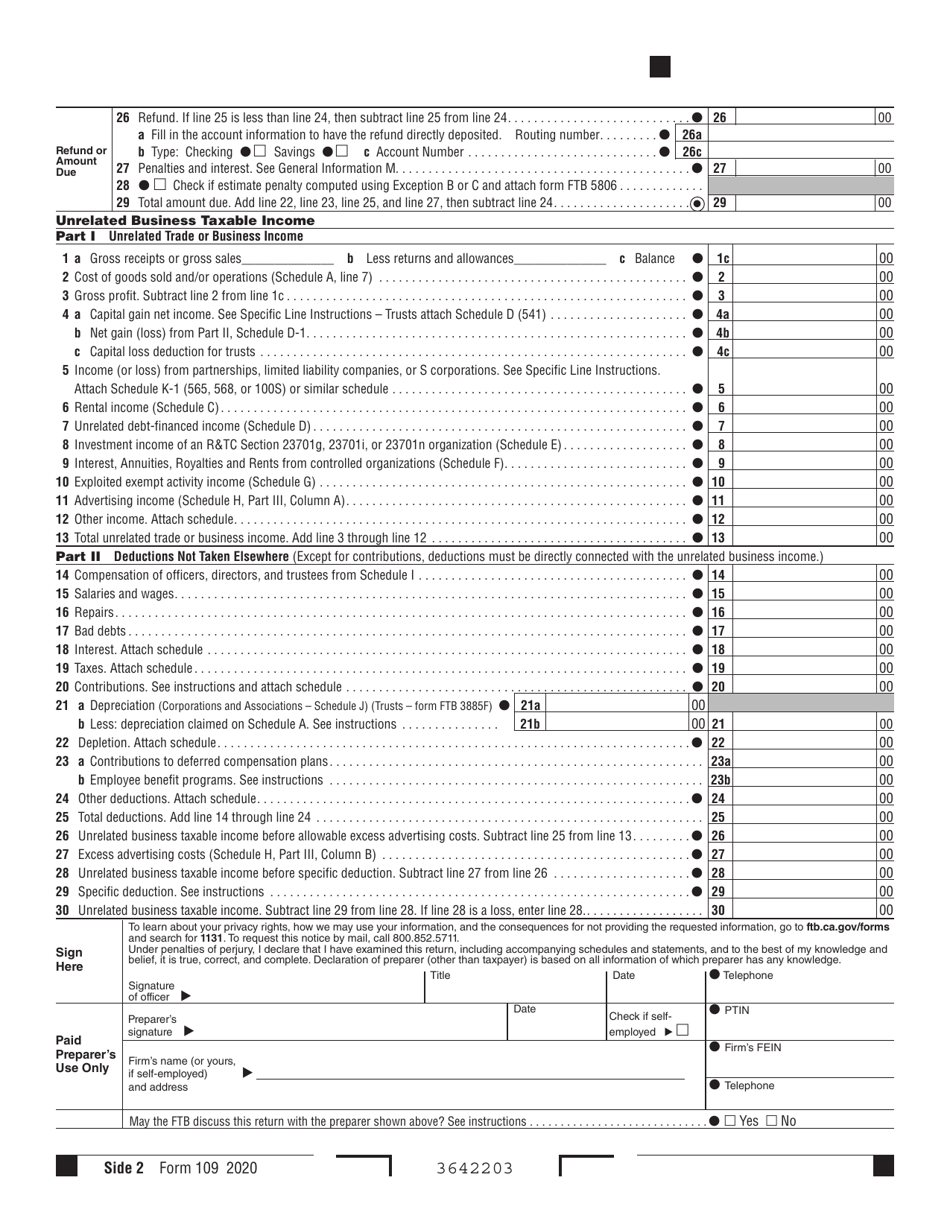 Form 109 Exempt Organization Business Income Tax Return - California, Page 2