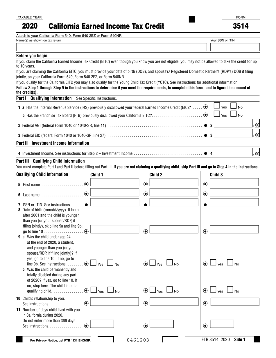 Form FTB3514 - 2020 - Fill Out, Sign Online and Download Fillable PDF ...