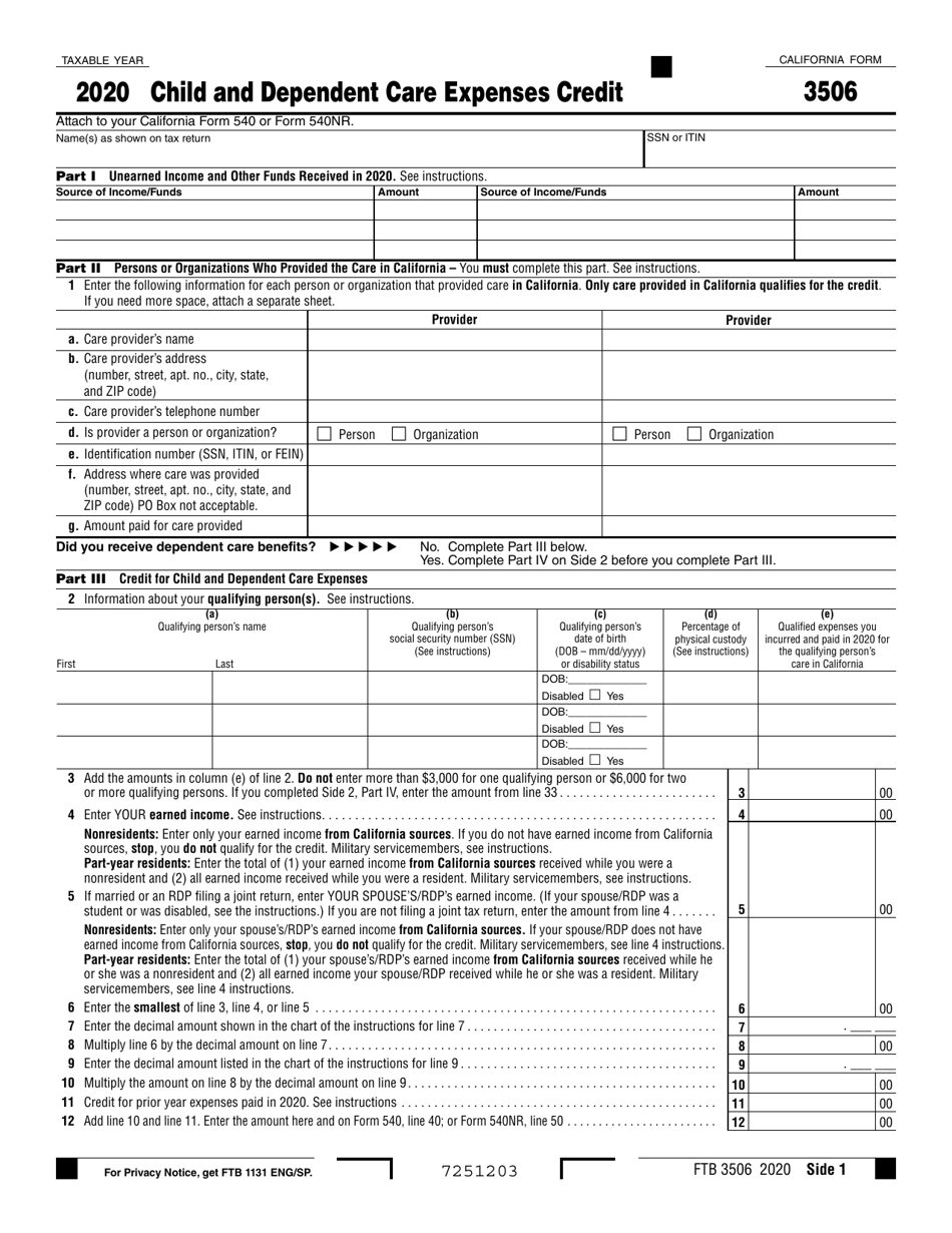 Form FTB3506 Child and Dependent Care Expenses Credit - California, Page 1