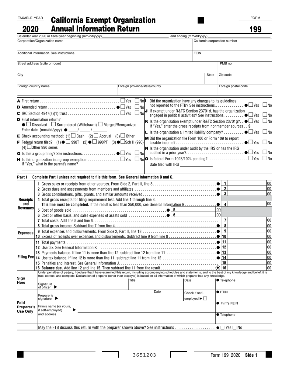 Form 199 California Exempt Organization Annual Information Return - California, Page 1