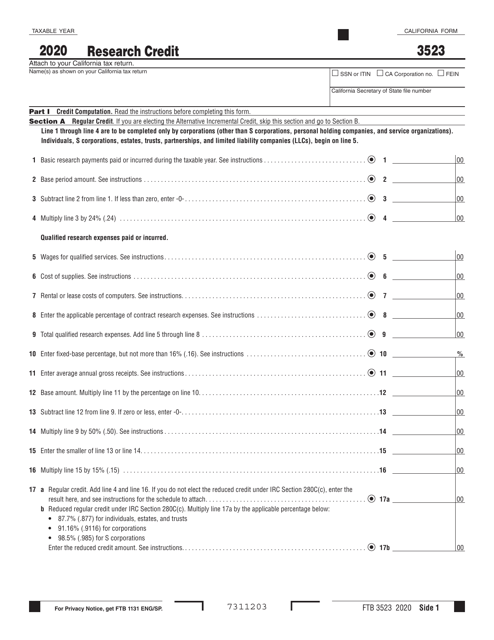 Form FTB3523 2020 Printable Pdf