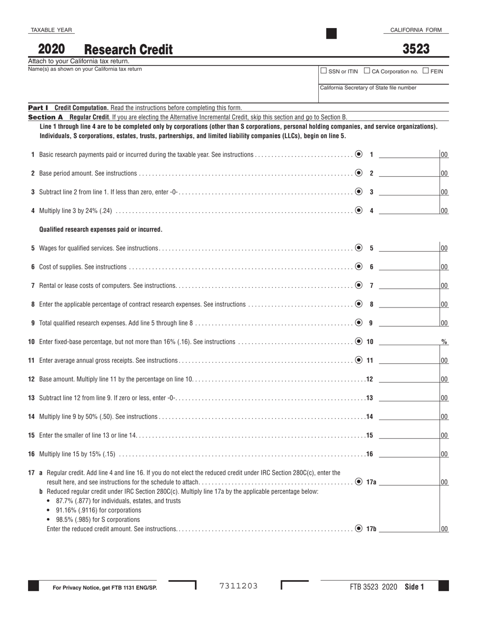 Form FTB3523 Research Credit - California, Page 1