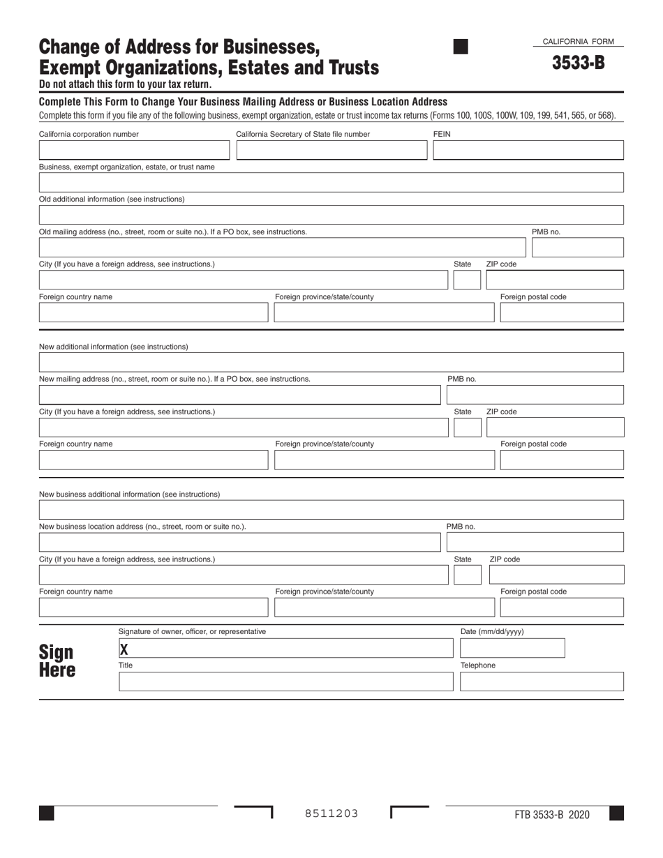 Form FTB3533-B Change of Address for Businesses, Exempt Organizations, Estates and Trusts - California, Page 1