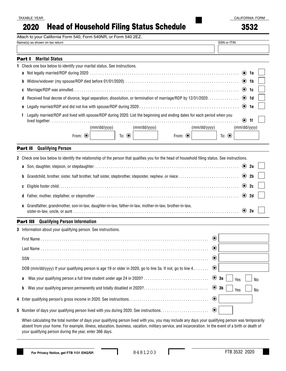 Form FTB3532 Head of Household Filing Status Schedule - California, Page 1