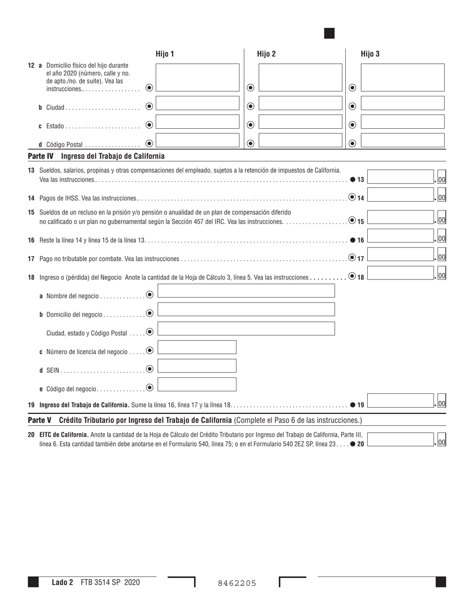 Formulario FTB3514 SP Credito Tributario Por Ingreso Del Trabajo De California - California (Spanish), Page 2