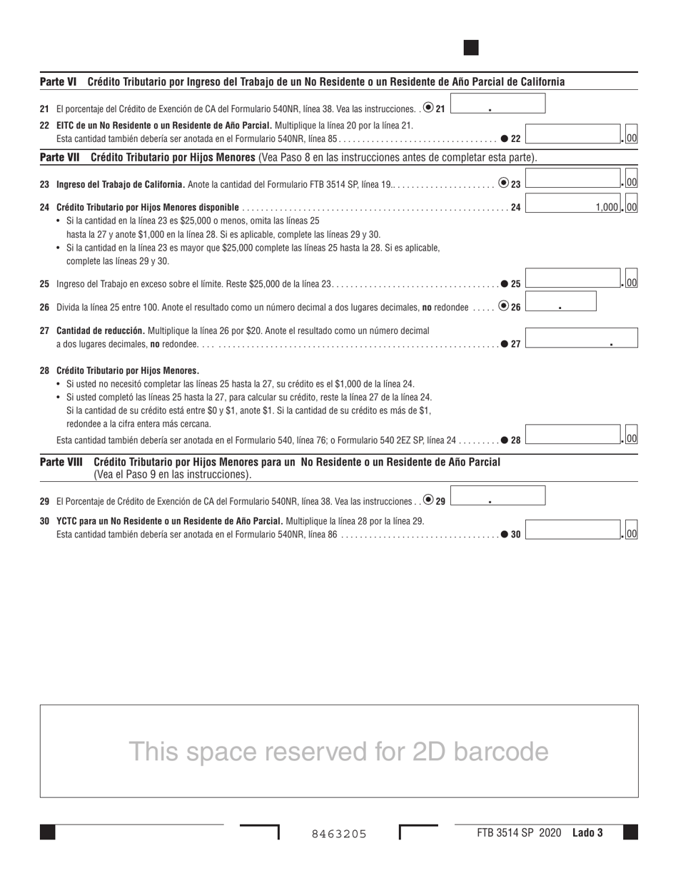 Formulario FTB3514 SP Credito Tributario Por Ingreso Del Trabajo De California - California (Spanish), Page 3