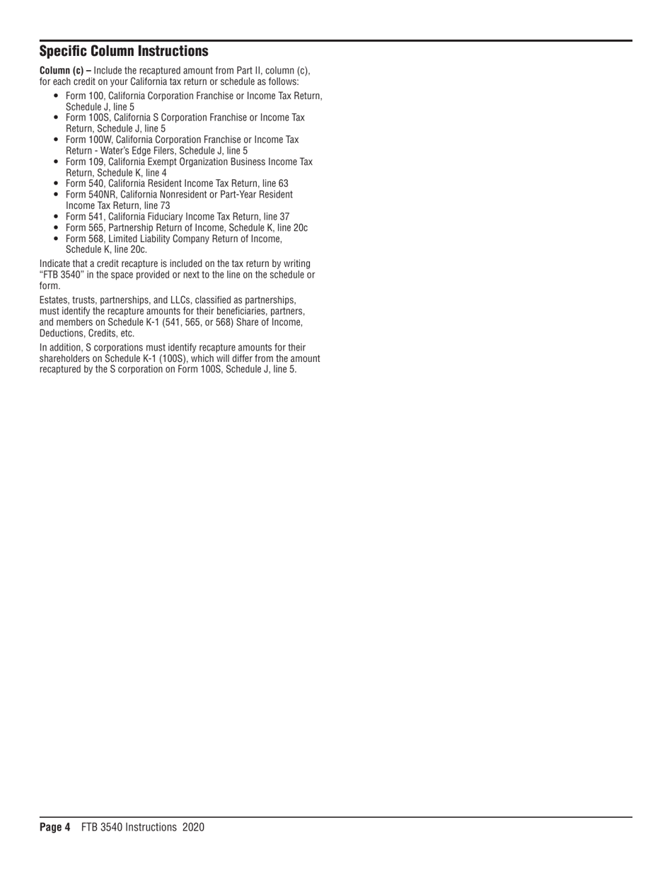 Instructions for Form FTB3540 Credit Carryover and Recapture Summary - California, Page 4