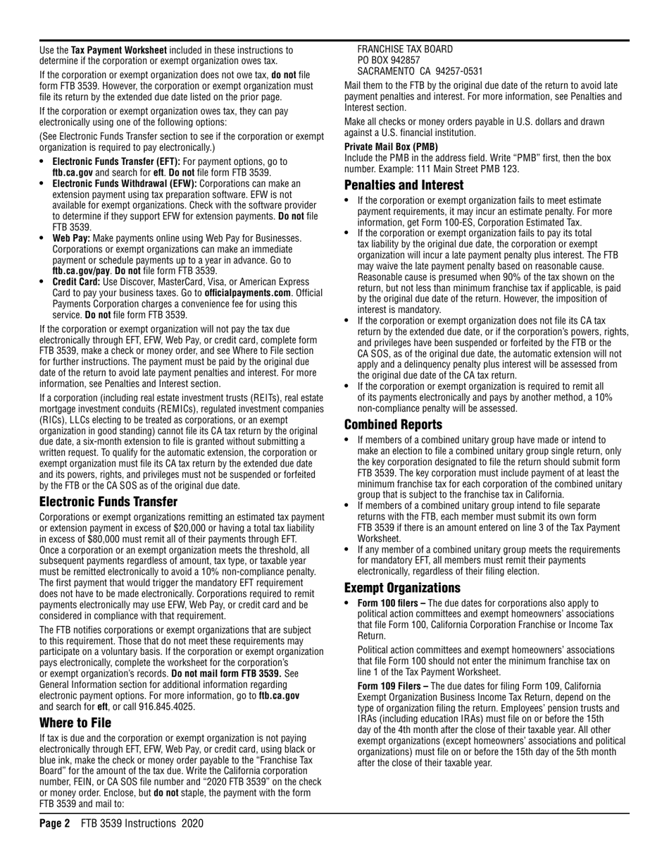Form FTB3539 Payment for Automatic Extension for Corporations and Exempt Organizations - California, Page 2