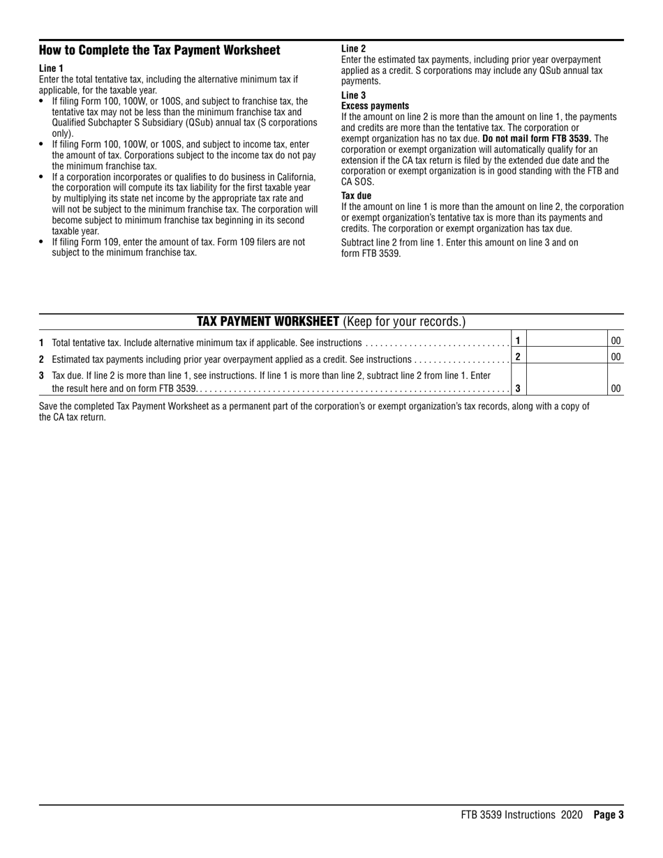 Form FTB3539 Payment for Automatic Extension for Corporations and Exempt Organizations - California, Page 3