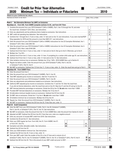 Form FTB3510 Credit for Prior Year Alternative Minimum Tax - Individuals or Fiduciaries - California, 2020