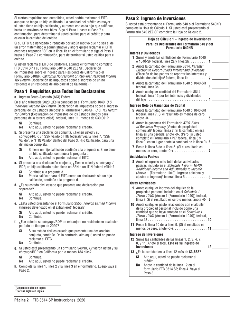 Instrucciones para Formulario FTB3514 SP Credito Tributario Por Ingreso Del Trabajo De California - California (Spanish), Page 2