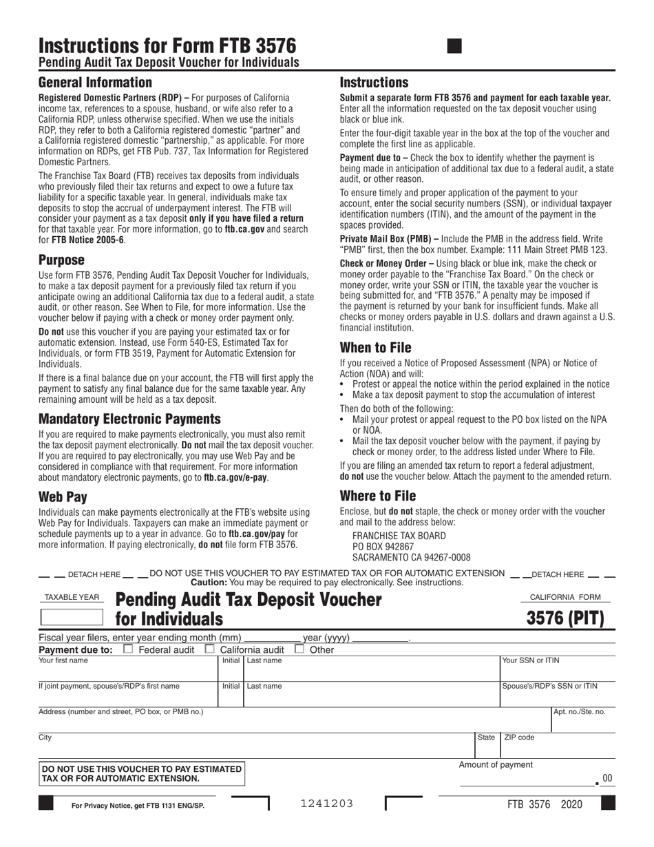 Form FTB3576 Pending Audit Tax Deposit Voucher for Individuals - California, Page 1