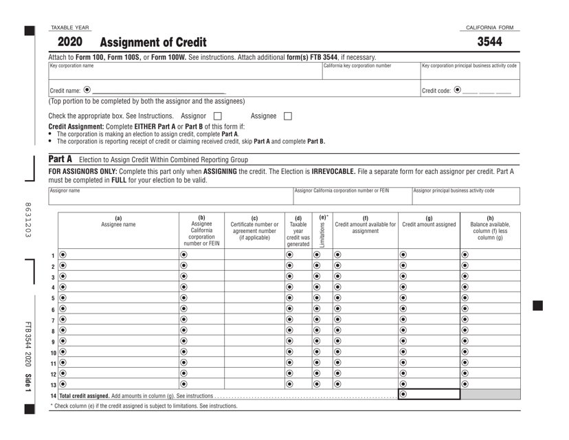 Form FTB3544 Assignment of Credit - California, 2020