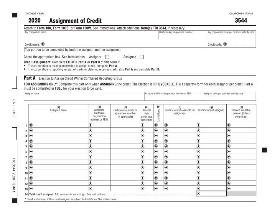 Form FTB3544 Assignment of Credit - California, Page 1