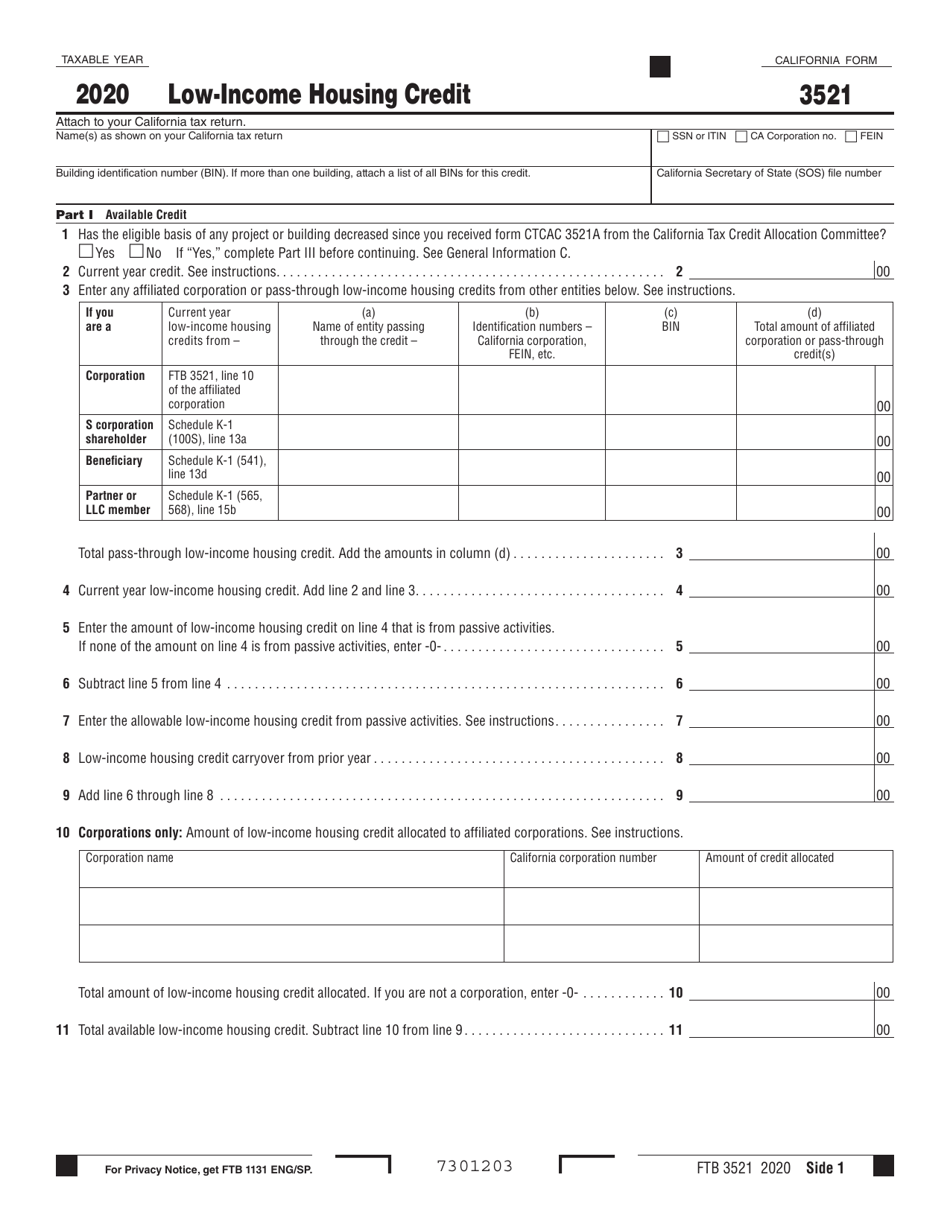 Form FTB3521 Low-Income Housing Credit - California, Page 1