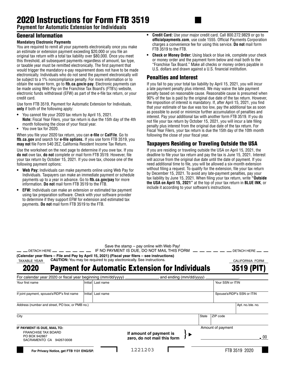 Form FTB3519 Payment for Automatic Extension for Individuals - California, Page 1