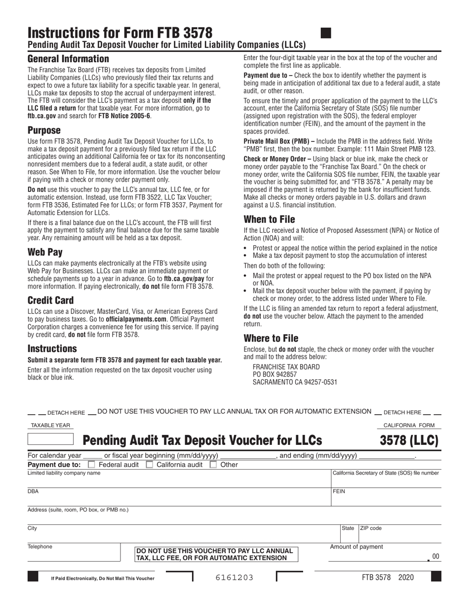Form FTB3578 Pending Audit Tax Deposit Voucher for Limited Liability Companies (Llcs) - California, Page 1
