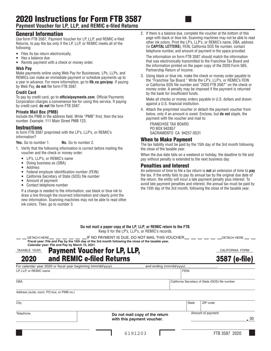 Form FTB3587 Payment Voucher for Lp, LLP , and REMIC E-Filed Returns - California, Page 1