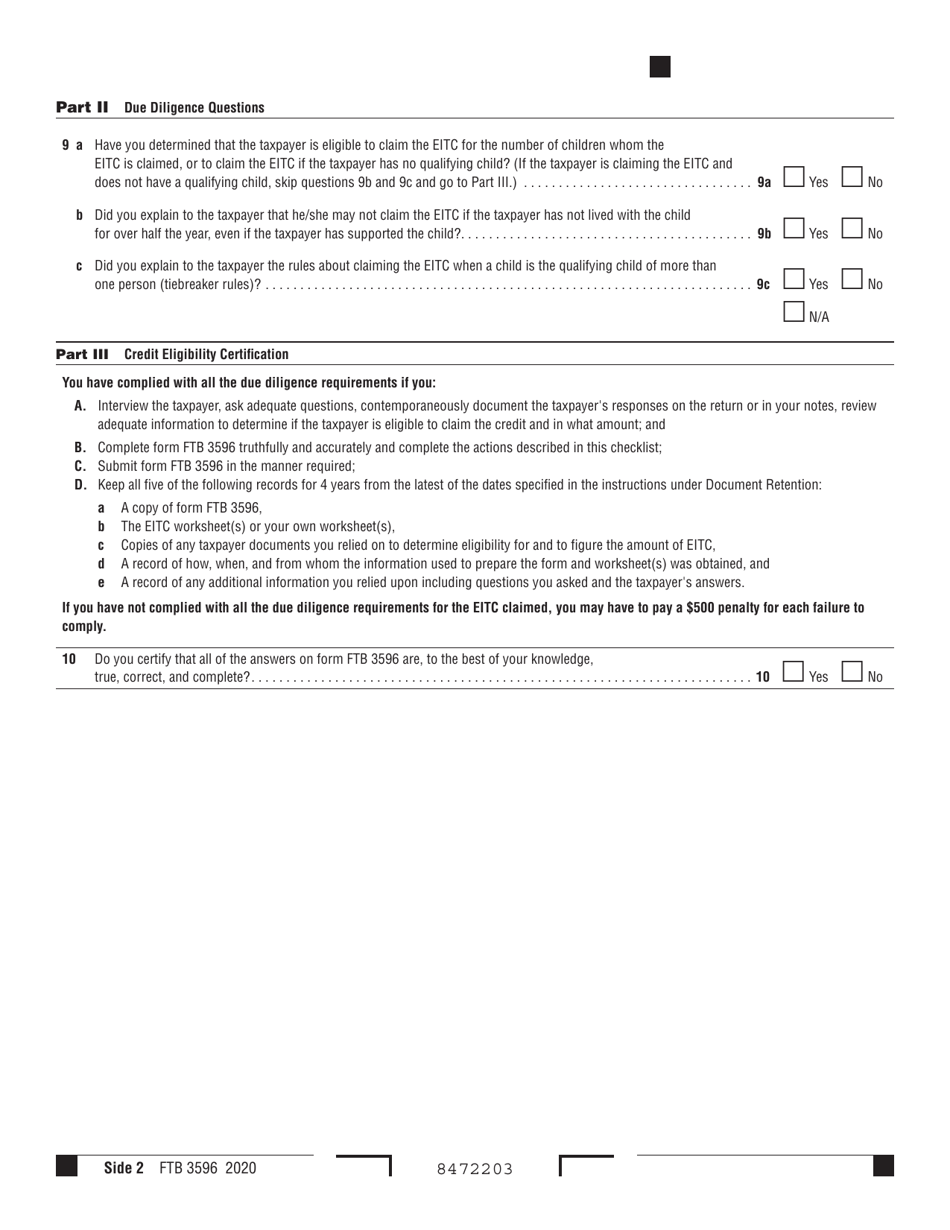 Form Ftb3596 Download Fillable Pdf Or Fill Online Paid Preparers Due Diligence Checklist For 4338
