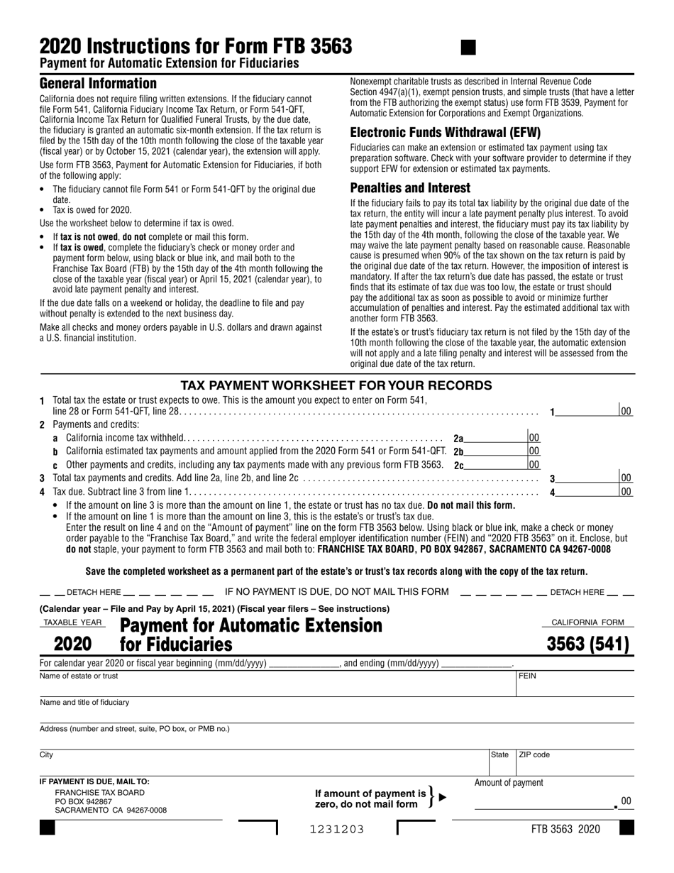 Form FTB3563 (541) Payment for Automatic Extension for Fiduciaries - California, Page 1