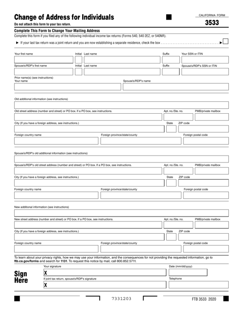 Form FTB3533 Change of Address for Individuals - California