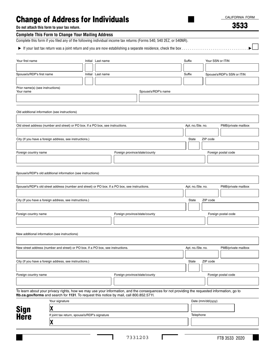 Form FTB3533 Change of Address for Individuals - California, Page 1