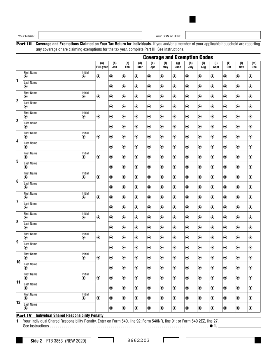 Form FTB3853 Health Coverage Exemptions and Individual Shared Responsibility Penalty - California, Page 2