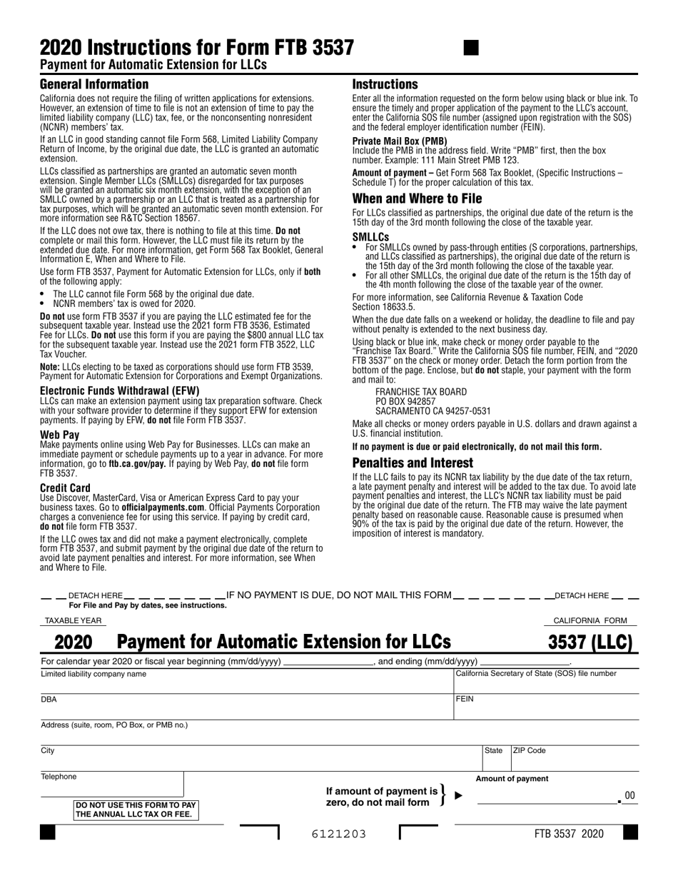 Form FTB3537 Payment for Automatic Extension for Llcs - California, Page 1