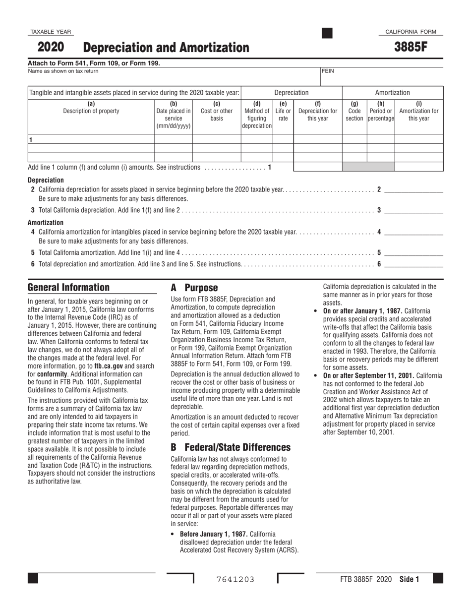 Form FTB3885F Download Fillable PDF or Fill Online Depreciation and ...